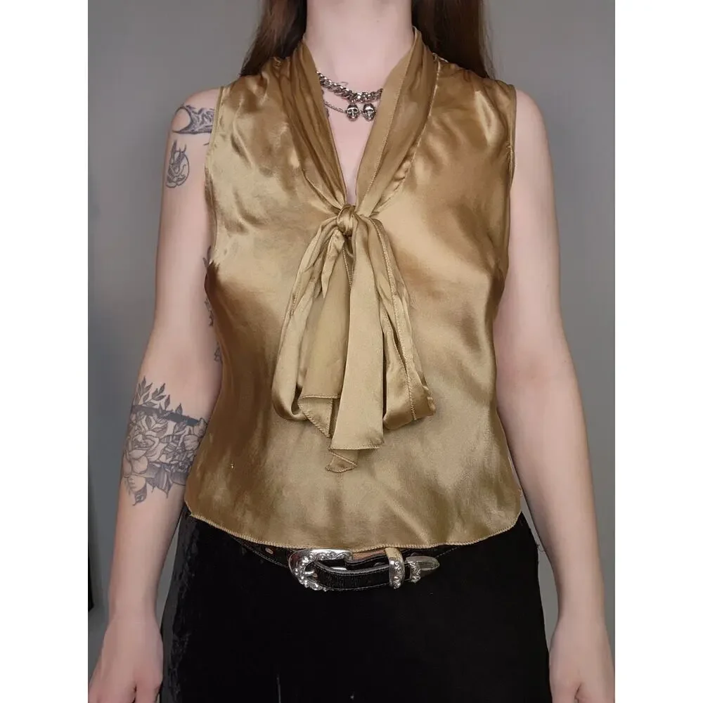 Y2k The Limited Gold Shimmery V-Neck Tie Front Poet Silk Croquette Tank Top Sz S - Picture 4 of 8